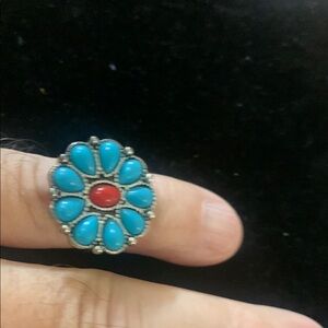 Turquoise and Red Floral Ring Bogo